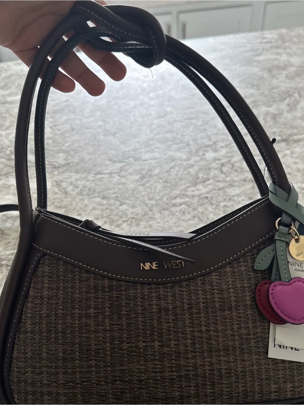 Nine West Brown Woven Shoulder Bag with Pink Charm